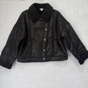 Sundance Jacket Womens Large Black Faux Leather Sherpa Collar Fleece